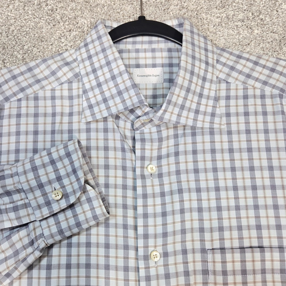 Ermenegildo Zegna dress Shirt Mens 44/ 17.5 grey gray Tan long sleeve